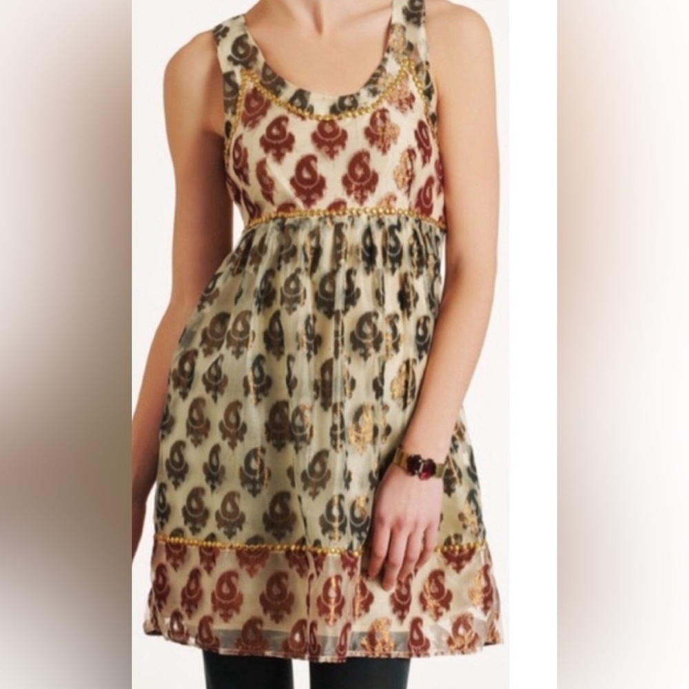 Free People Shimmering Champagne Paisley Gold Studded Mini Dress Size 8 EUC